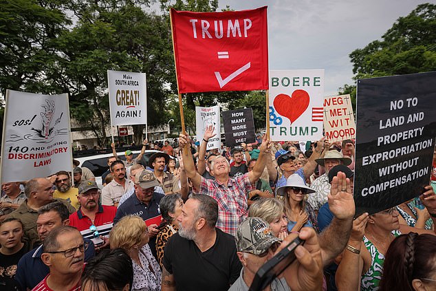 South African farmers and residents support Donald Trump outside the US embassy in Pretoria