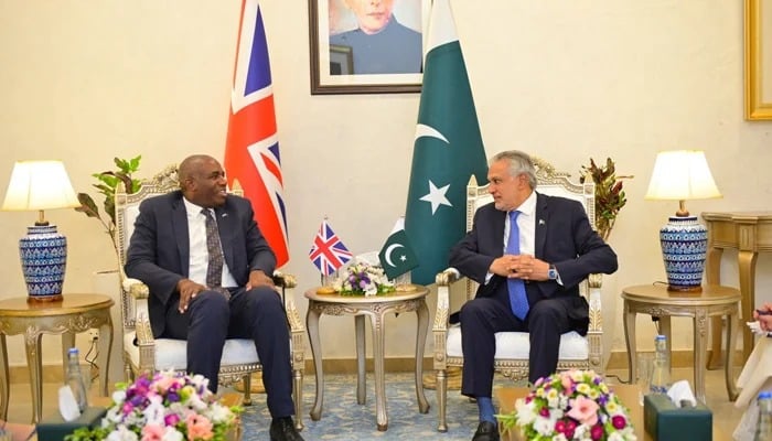 British Foreign Secretary David Lammy (left) and Foreign Minister Ishaq Dar meet in Islamabad on May 16, 2025. — Foreign Office