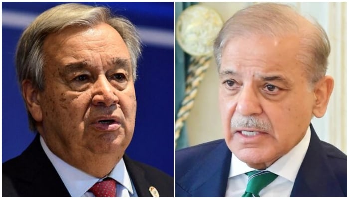 This collage shows Prime Minister Shehbaz Sharif (right) and UN Secretary-General Antonio Guterres. — APP/Reuters/File