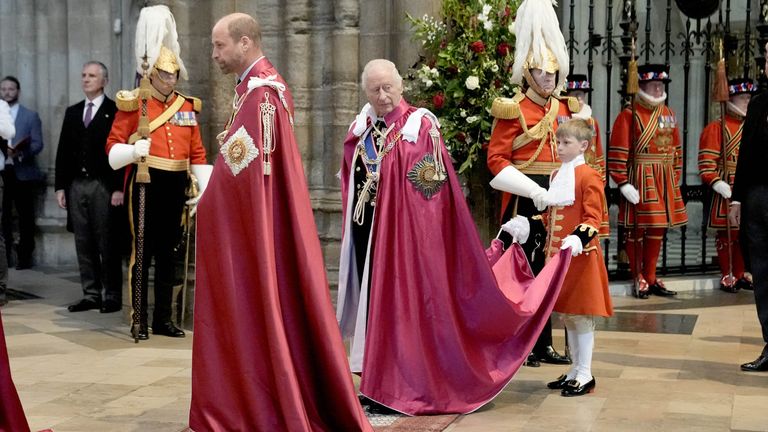 The Prince of Wales, Great Master of the Order, and King Charles, Sovereign Head of the Most Honourable Order of the Bath, arrive for the Service for the Oath and Installation of the Great Master and the Knights Grand Cross, at Westminster Abbey.
Pic: PA
