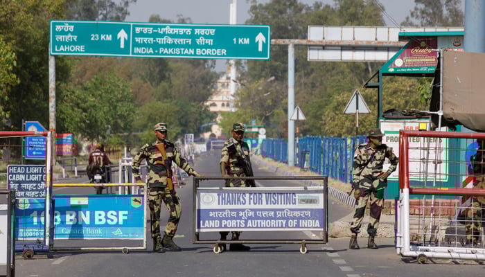Border Security Force personnel stand guard at the Attari-Wagah crossing on the India-Pakistan border in Amritsar, India, on April 25, 2025. — Reuters