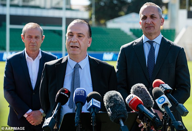 There is plenty of excitement with footy fans after the Perth Bears were announced as the newest NRL franchise on May 8 by ARLC boss Peter V'Landys (pictured, centre, with WA Premier Roger Cook, left, and NRL CEO Andrew Abdo)
