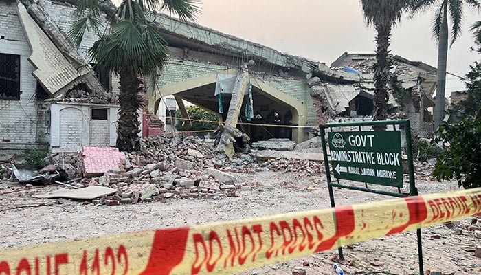 A damaged portion of an administration block at the Government Health and Education complex, after it was hit by an Indian strike, in Muridke near Lahore, May 7, 2025. — Reuters