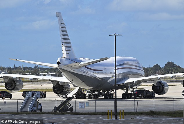 Pictured: The used Qatari-plane sits on the tarmac at Palm Beach International Airport on February 15, 2025. Trump toured the plane that day