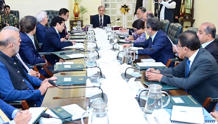 Prime Minister Shehbaz Sharif chairs a meeting on the preparation of the federal budget 2025-26 on May 9, 2025. — PID