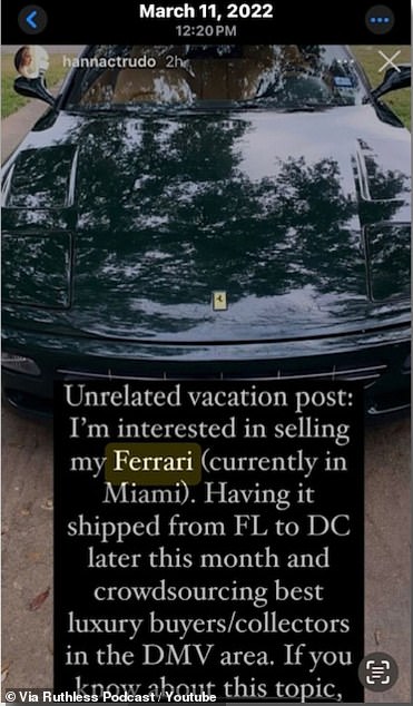 Hanna Trudo posts on social media she is ready to sell her Ferrari
