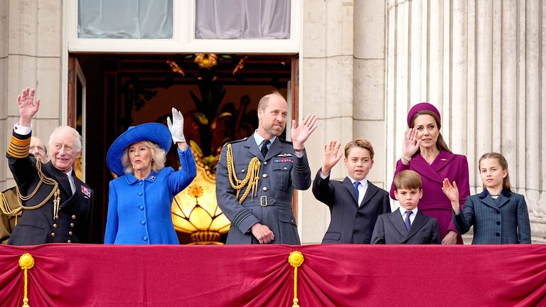 King Charles, Queen Camilla, the Prince of Wales, Prince George, Prince Louis, the Princess of Wales, and Princess Charlotte on the balcony of Buckingham Palace.
Pic: PA
