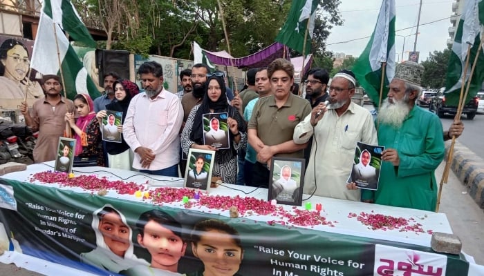 Members of Human Rights Council of Pakistan are holding protest demonstration against the Khuzdar attack at the Karachi Press Club on May 21, 2025. — PPI