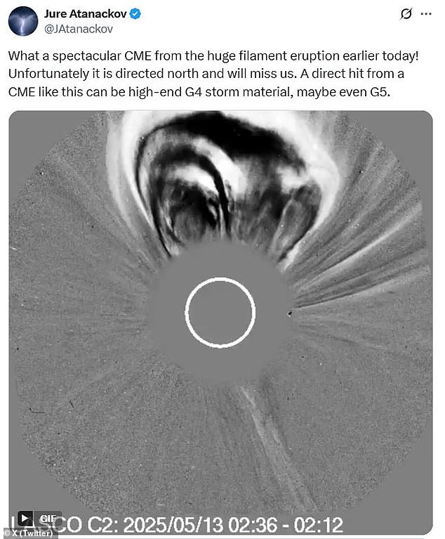 Had the full brunt of the storm collided with Earth, one aurora chaser on X predicted that it could cause a 'G5' or extreme level magnetic storm