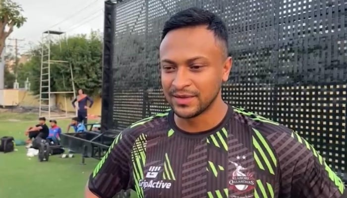 Lahore Qalandars Shakib Al Hasan speaks to Geo News ahead of match against Karachi Kings on May 22, 2025. — Geo News