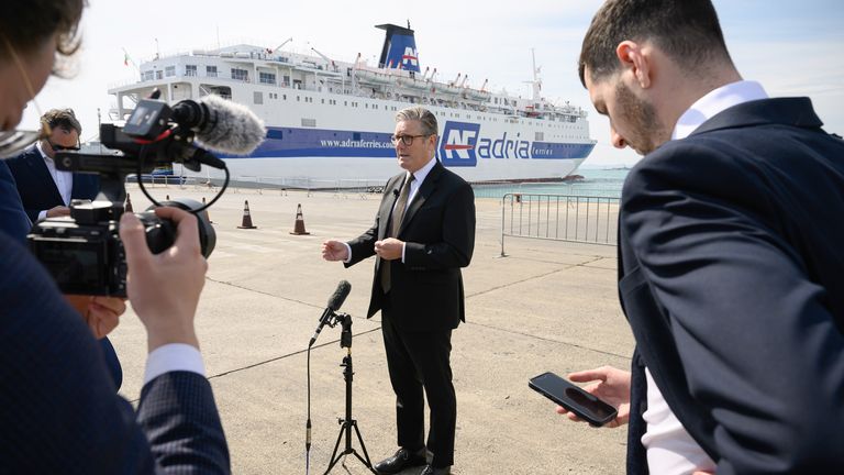 Prime Minister Sir Keir Starmer speaks to members of the media after being shown the procedures carried out by search teams as they check vehicles arriving in the ferry port from Italy in Tirana, Albania. Picture date: Thursday May 15, 2025. PA Photo. See PA story POLITICS Albania. Photo credit should read: Leon Neal/PA Wire....