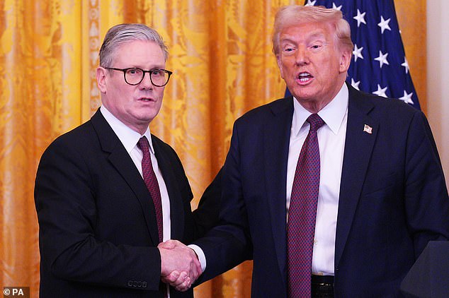 Deal: US President Donald Trump and Prime Minister Keir Starmer (pictured at the White house in February) agreed to reduce UK car tariffs to 10%, and steel and aluminium tariffs to zero
