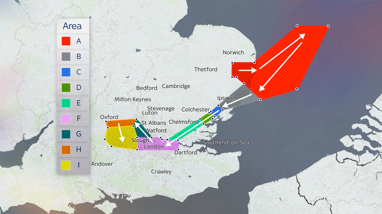 Map showing the route of VE Day flypast
