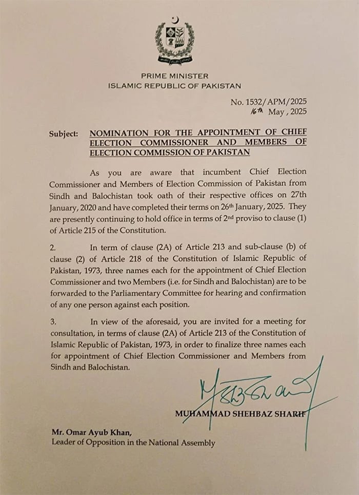 PM Shehbazs letter addressed to Opposition Leader Omar Ayub. — Reporter