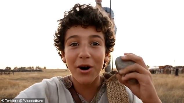 In one AI-generated video, David tells the camera: 'About to yeet this little stone at Goliath and see what happens'