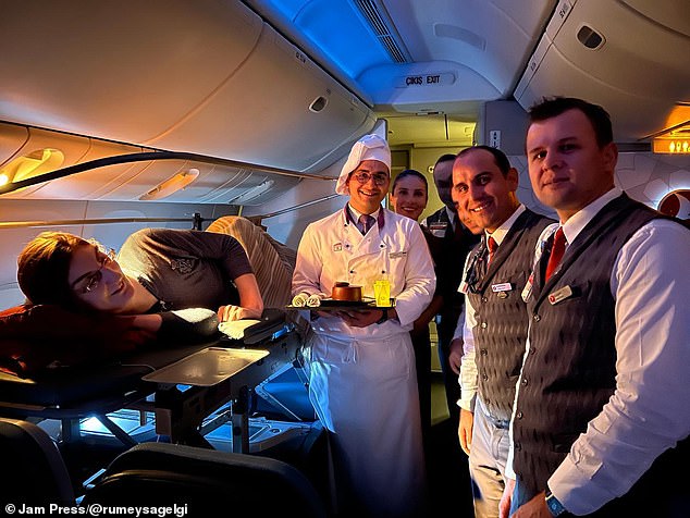 Since she can't sit down regular airline seats, Rumeysa has to be stretchered onto the plane and spend the entire flight lying down