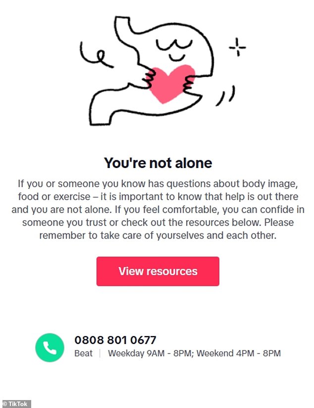 Searching for either 'Skinnytok' or 'Skinniertok' on TikTok prompts the above message urging users to seek support