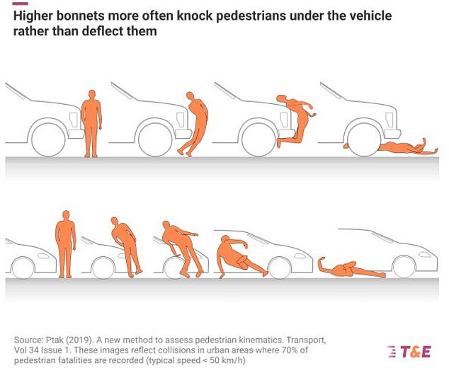 The report says higher-fronted SUVs significantly increases the death rate when pedestrians are struck as they are more likely to be pulled under a moving vehicle rather than bounce off them
