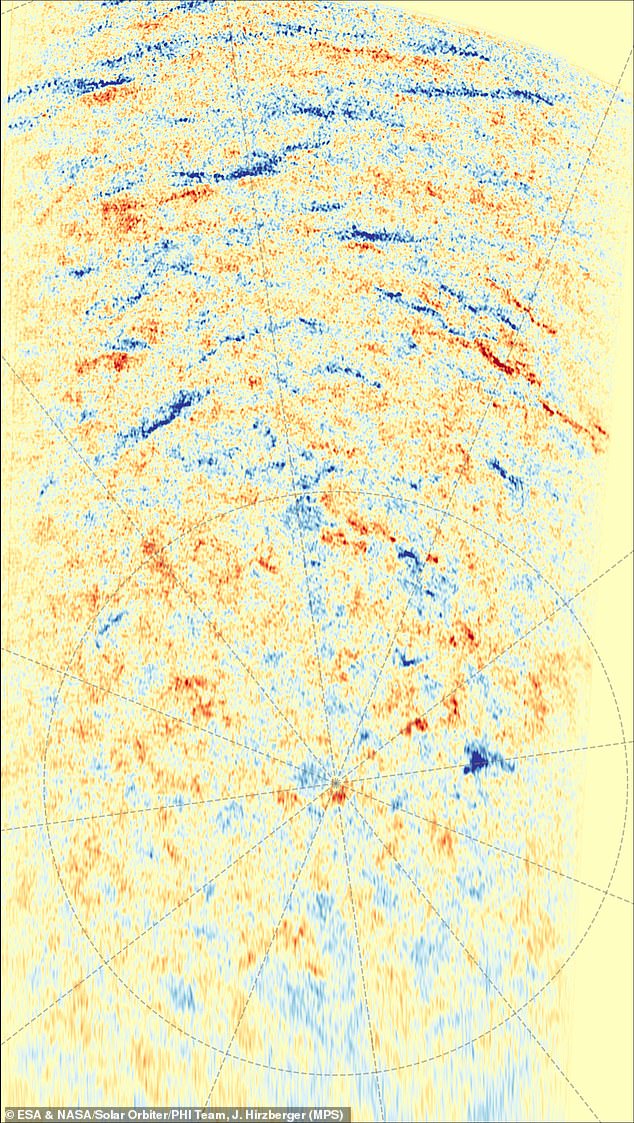 Using its magnetic sensors, the probe has revealed that the sun's magnetic fields are a mess at the moment. The south pole (pictured) currently has areas of north (red) and south (blue) polarity magnetic fields