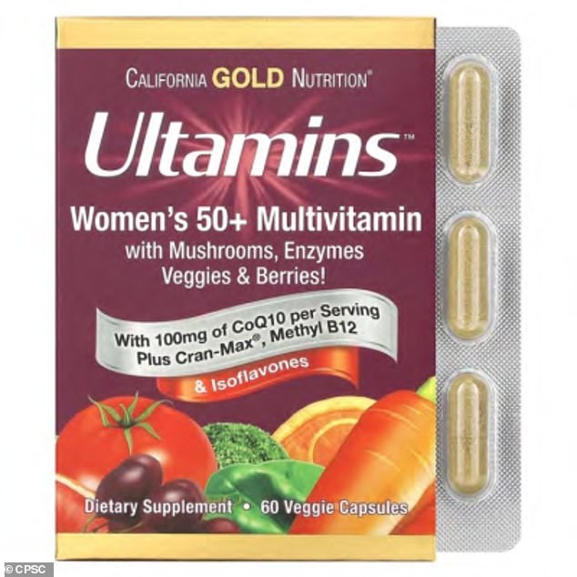 The California Gold Nutrition supplements, including Ultamins Women's 50+ Multivitamins (pictured), all use packaging that did not meet federal law requiring child-resistant materials