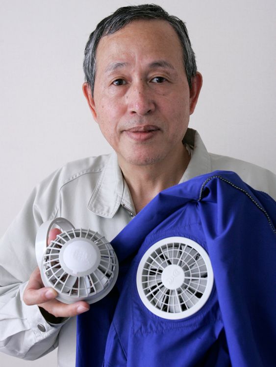 Ichigaya Hiroshi pictured with an early prototype of his fan jacket. Pic: Reuters