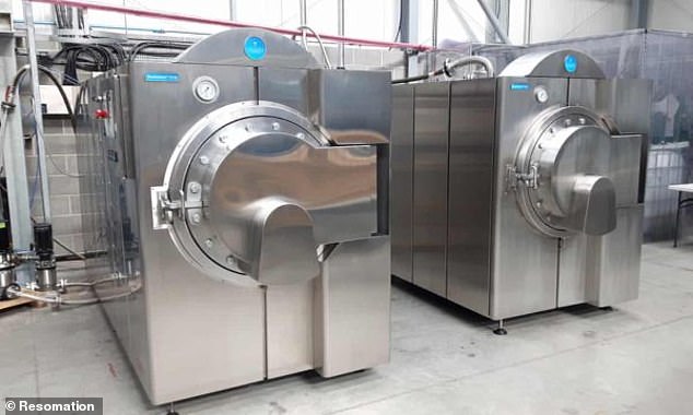 Officially known as water cremation or alkaline hydrolysis, the process involves rapidly decomposing a corpse in water and alkaline chemicals under high temperatures in a big steel vessel (pictured)