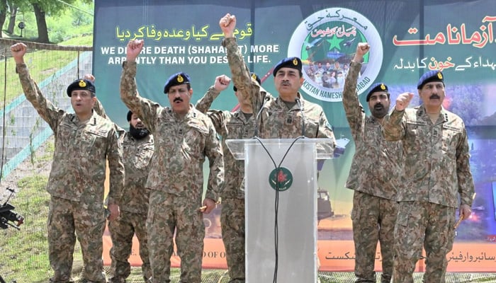 Field Marshal Syed Asim Munir addresses frontline troops deployed at the LoC in his visit on the occasion of Eid ul Adha on June 7, 2025. — ISPR