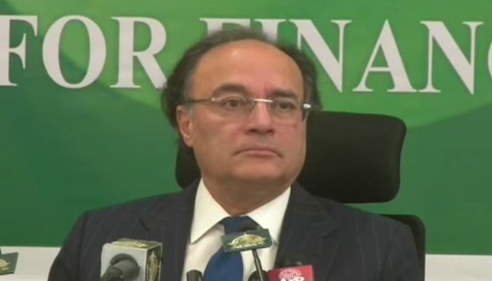 Finance Minister Muhammad Aurangzeb speaks during a post-budget presser for FY26 on June 11, 2025. — Screengrab via Geo News