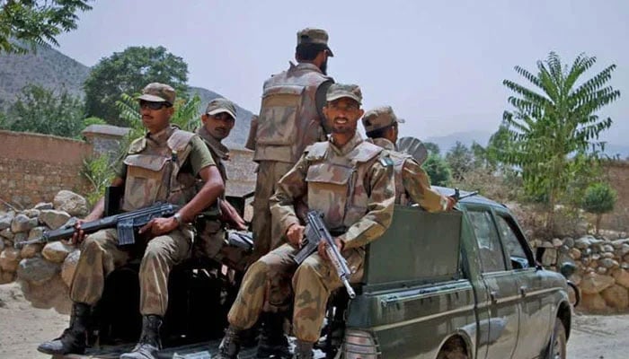 This undated photo shows Pakistan Army personnel patrolling a restive area. — Radio Pakistan/File