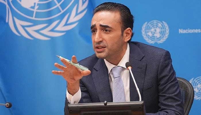 Former foreign minister Bilawal Bhutto Zardari speaks at an international event in this undated photo. —X/@PPP_Org