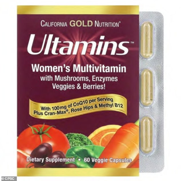 US Consumer Product Safety Commission issued a recall alert on June 26 for 3 California Gold Nutrition products, including Ultamins Women's Multivitamins (pictured)