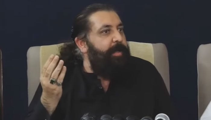 Pakistan Tehreek-e-Insaf spokesperson Sheikh Waqas Akram addresses press conference after the government presented Pakistan Economic Survey 2024-25 in Islamabad, June 9, 2025. — Screengrab via Geo News