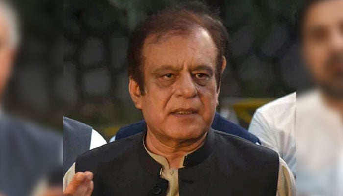 Leader of Opposition in Senate Syed Shibli Faraz talk to media persons at Khyber Pakhtunkhwa House in Islamabad on May 6, 2024. — Online