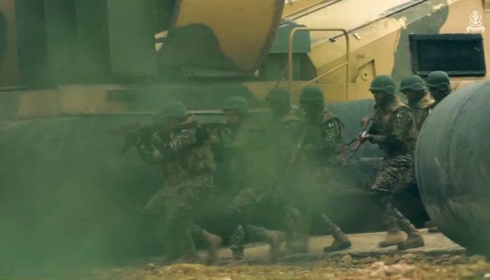 Pakistan Navy sailors demonstrate their skills during a two-day exercise focused on countering sub-conventional and asymmetric threats. — X/@dgprPaknavy/screengrab