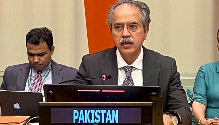Pakistans Permanent Representative to UN Ambassador Asim Iftikhar Ahmad speaks during a UNSC session on July 1, 2025. — X@PakistanUN_NY