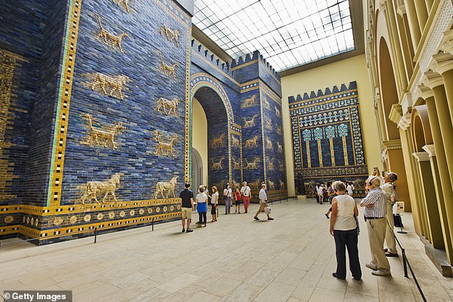 The hymn praises Babylon's jewelled gates, flowing rivers, verdant pastures, and 'bathed priests' in stunning detail. Pictured: A recreation of Babylon's Ishtar Gate in the Pergamon Museum, Berlin