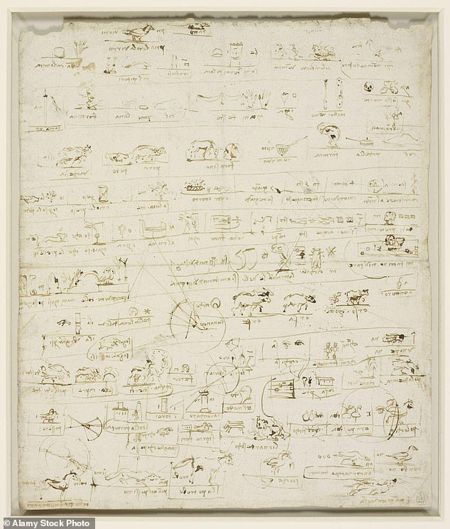 The Renaissance polymath had a keen understanding of maths, languages, geology, science and art. Pictured: His pictographs and an architectural plan c.1490