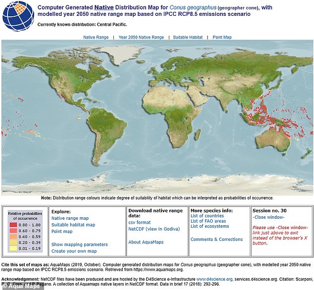 This map shows the location of the geographer cone snail, which is one of the most toxic species