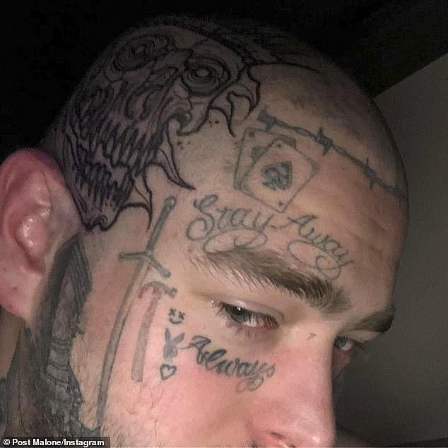 In 2020, singer Post Malone debuted a collection of death-related tattoos on the side of his shaved head