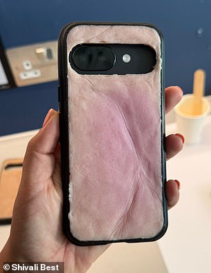 Large pink streaks appear on the phone case when you shine a UV light on it