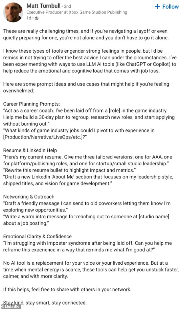 In a now-deleted LinkedIn post, Matt Turnbull offered AI prompts for career planning and emotional support, which received criticism for its tone-deafness and sparked swift backlash