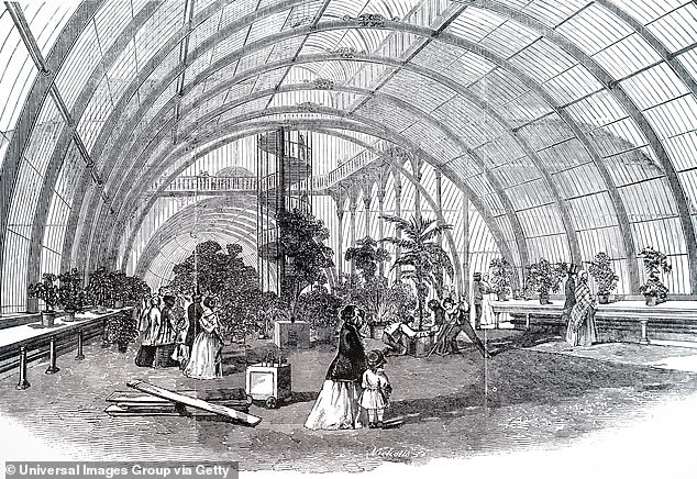 This 19th century engraving depicts Palm House, a greenhouse that is specialised for the growing of palms and other tropical and subtropical plants