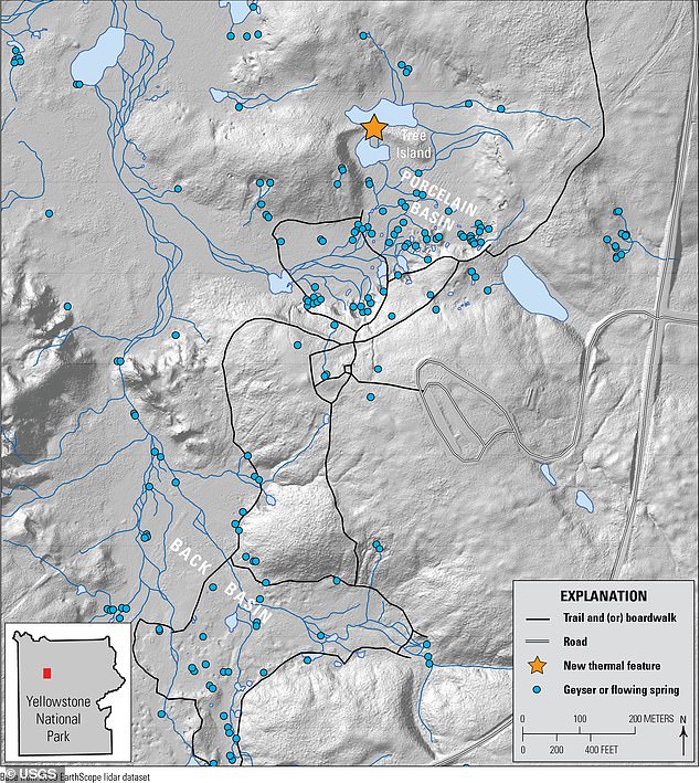 This relief map shows the location of the new thermal feature - formed sometime during late December 2024 to early February 2025 - marked by an orange star
