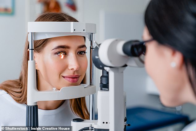 A woman undergoes an eye exam. Scientists have found multiple signs of stress in the eye after taking the Pfizer COVID-19 shot (Stock Image)