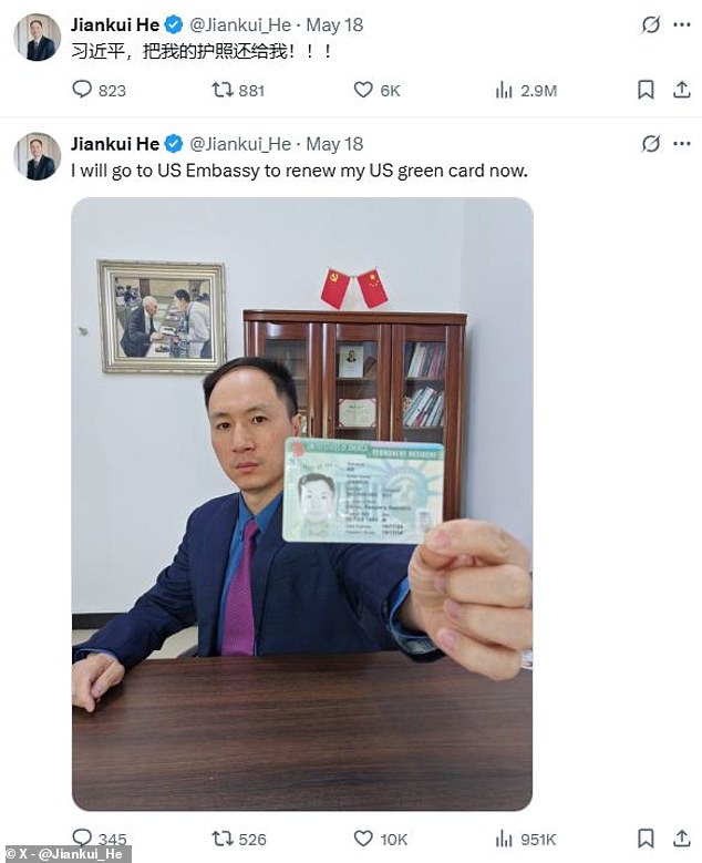 Mr He has faced significant personal difficulties due to his research. In May, he announced he would be leaving China for the US, before his passport was promptly confiscated. He wrote in a post on X: 'Xi Jinping, give me back my passport!' (translated)