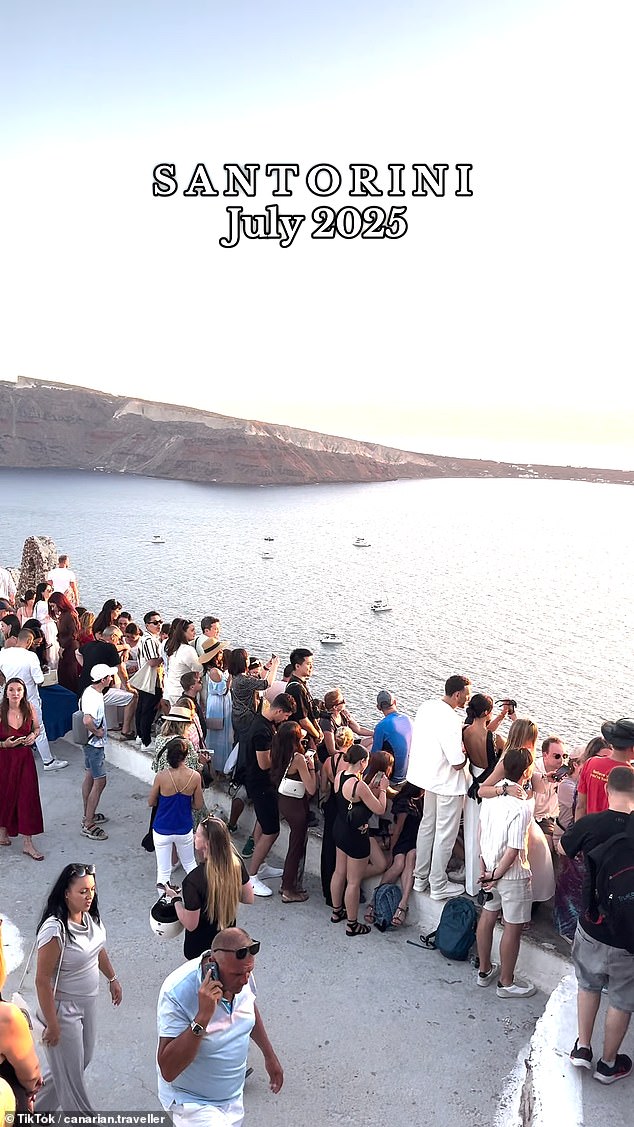 Known for its white and blue architecture, volcanic landscape and charming villages, up to 17,000 tourists descend on the idyllic Aegan isle in the peak summer months