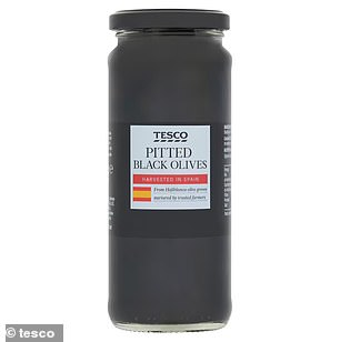 This Tesco jar of olives contains olives, water, salt and ferrous gluconate