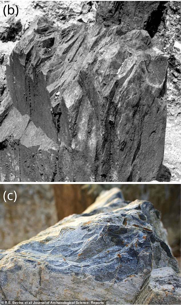 Experts say Stonehenge's Stone 32D (figure B), as well as the Newall boulder, share identical levels of thorium and zirconium with the stones at Craig Rhos-y-Felin (figure C)
