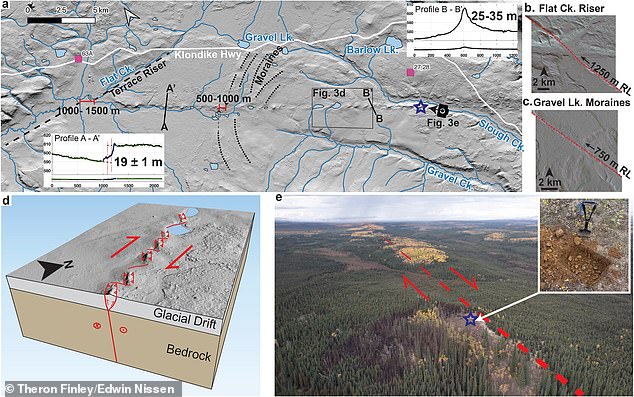(a) A map shows the fault slicing through super old (2.6 million years) Flat Creek Beds (b, c) Models say the fault pushed the Flat Creek edge 4101 feet right and Gravel Lake hills (d) A 3D model shows bumpy, stepped-up land along the fault. (e) A drone pic looking northwest shows the fault path hidden by thick forest. A small photo from a dig spot (blue star) shows round gravel and red-brown dirt from the old “Wounded Moose” soil at a bump’s top.