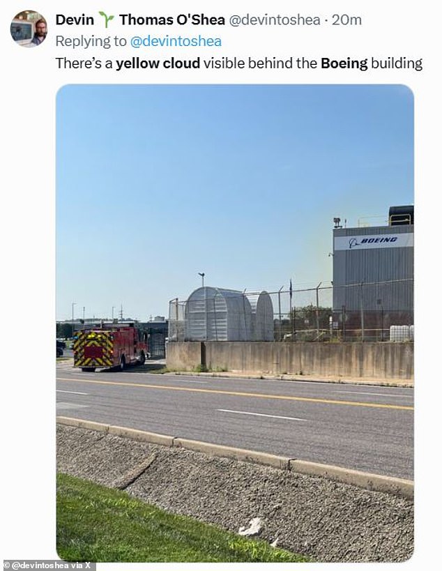 Nitric acid can cause a yellowish cloud to form if spilled, which locals reported seeing near a Boeing facility on the 100 block of McDonnell Boulevard, near Lambert International Airport